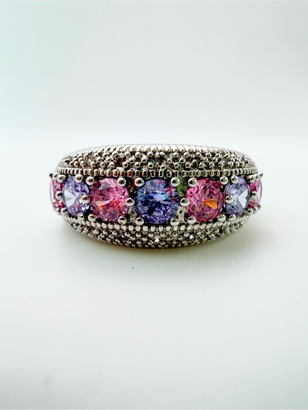 Pink Purple Crystal Dome Ring Silver Tone Statement Cocktail Ring Size 8.5-9
